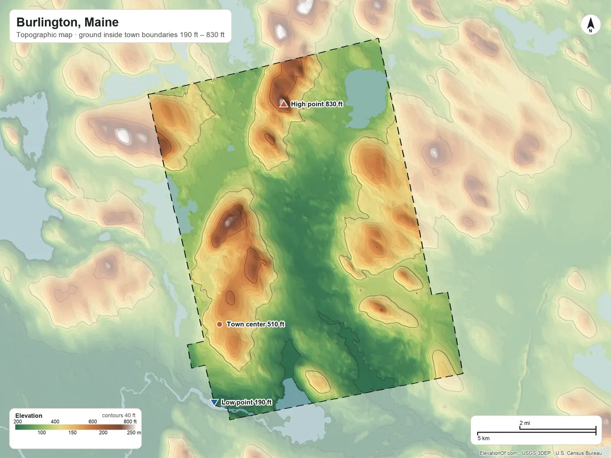 Topographic elevation map of Burlington, Maine, shaded from 190 ft on the south side to 830 ft on the north side