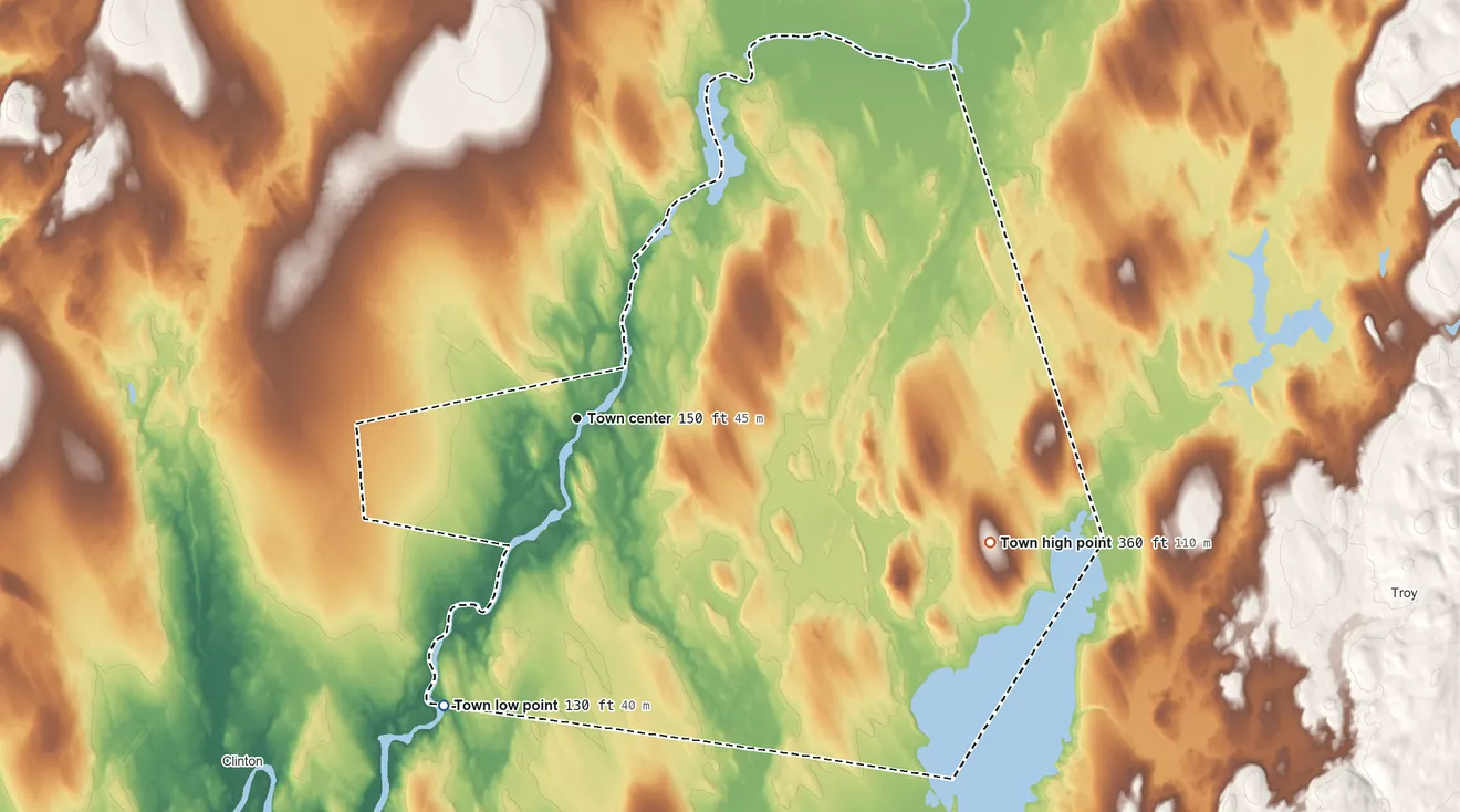 Topographic elevation map of Burnham, Maine, shaded from 130 ft on the southwest side to 360 ft on the east side