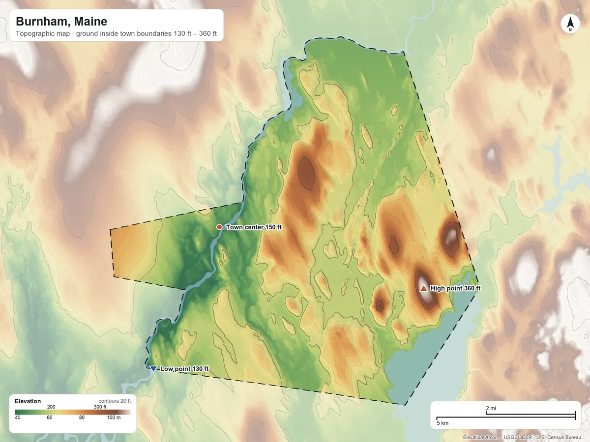 Topographic elevation map of Burnham, Maine, shaded from 130 ft on the southwest side to 360 ft on the east side