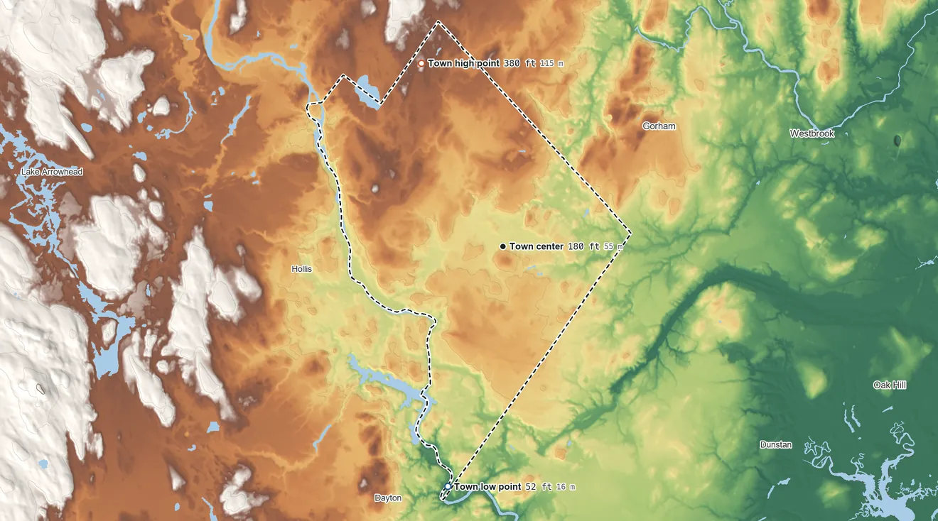 Topographic elevation map of Buxton, Maine, shaded from 52 ft on the south side to 380 ft on the northwest side