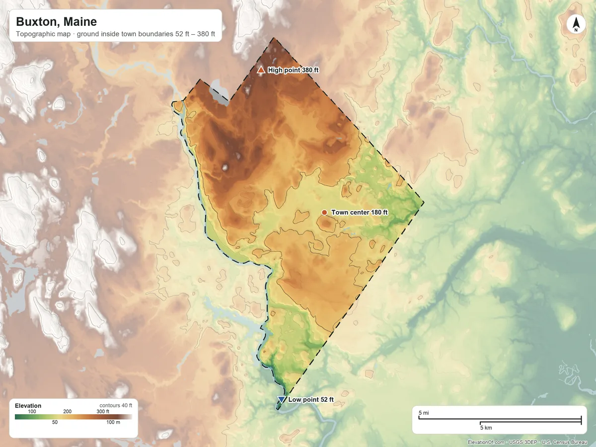 Topographic elevation map of Buxton, Maine, shaded from 52 ft on the south side to 380 ft on the northwest side