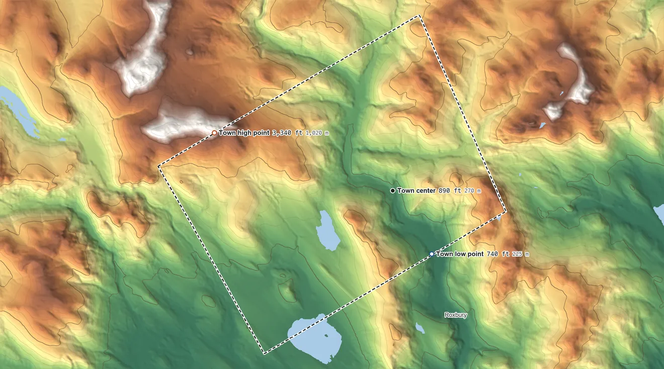 Topographic elevation map of Byron, Maine, shaded from 740 ft on the southeast side to 3,340 ft on the west side