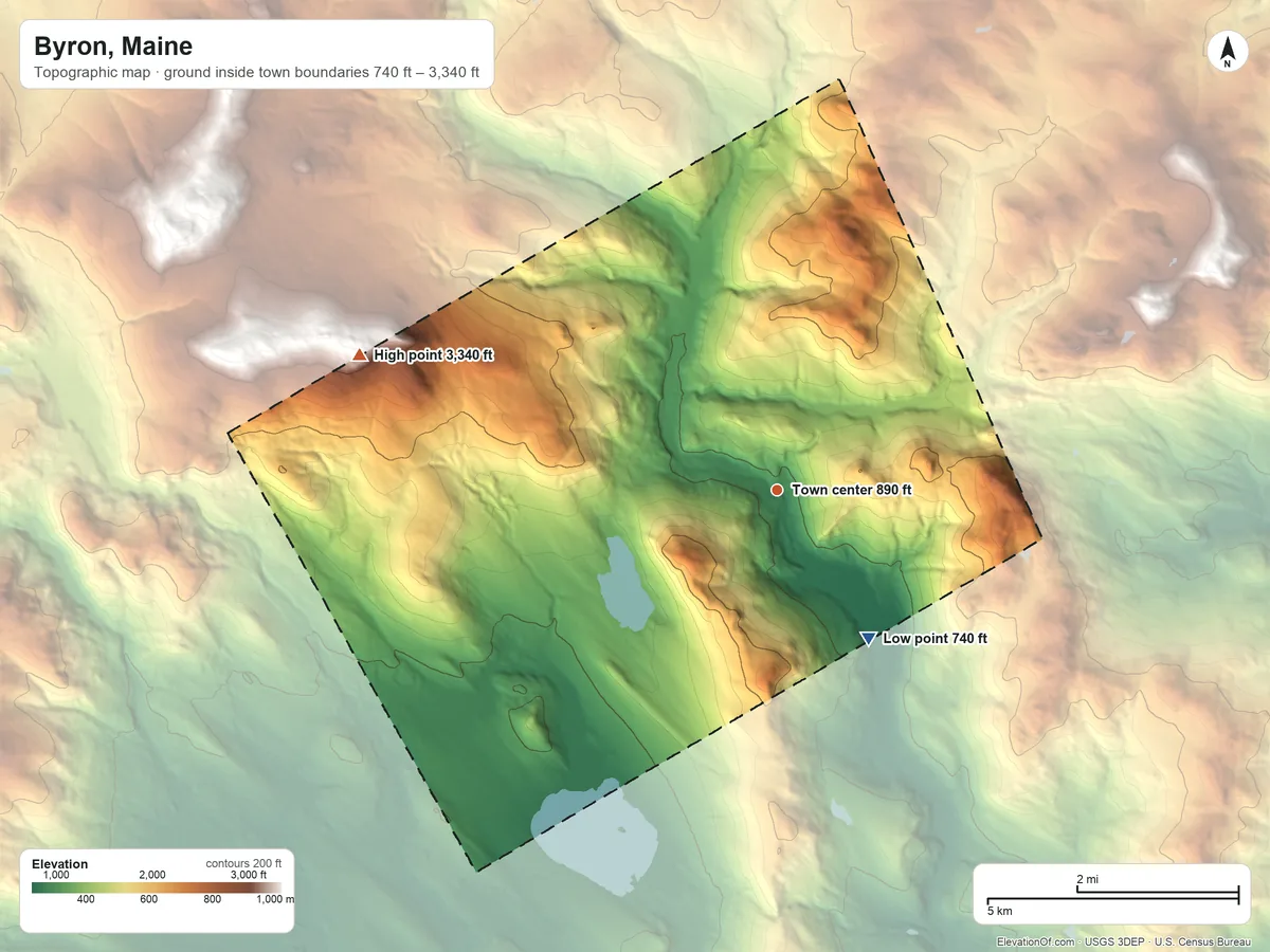 Topographic elevation map of Byron, Maine, shaded from 740 ft on the southeast side to 3,340 ft on the west side