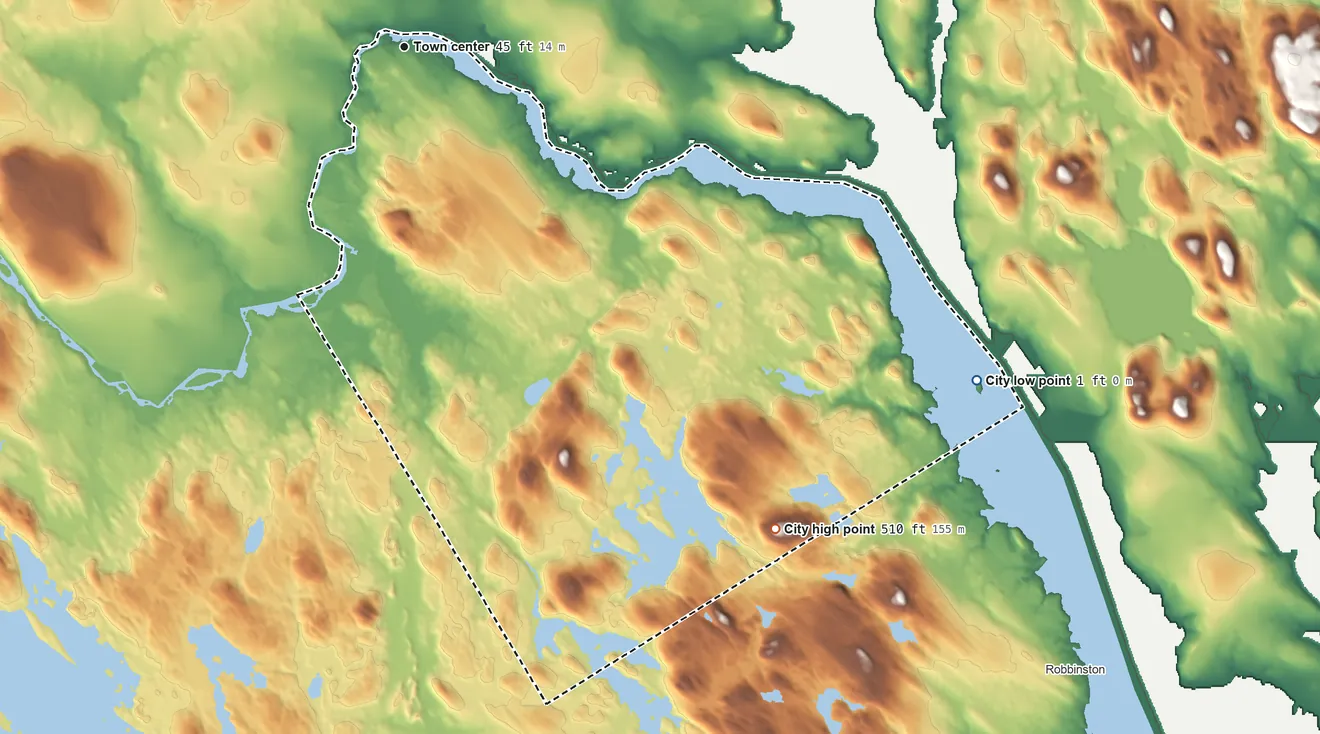 Topographic elevation map of Calais, Maine, shaded from 1 ft on the southeast side to 510 ft on the southeast side