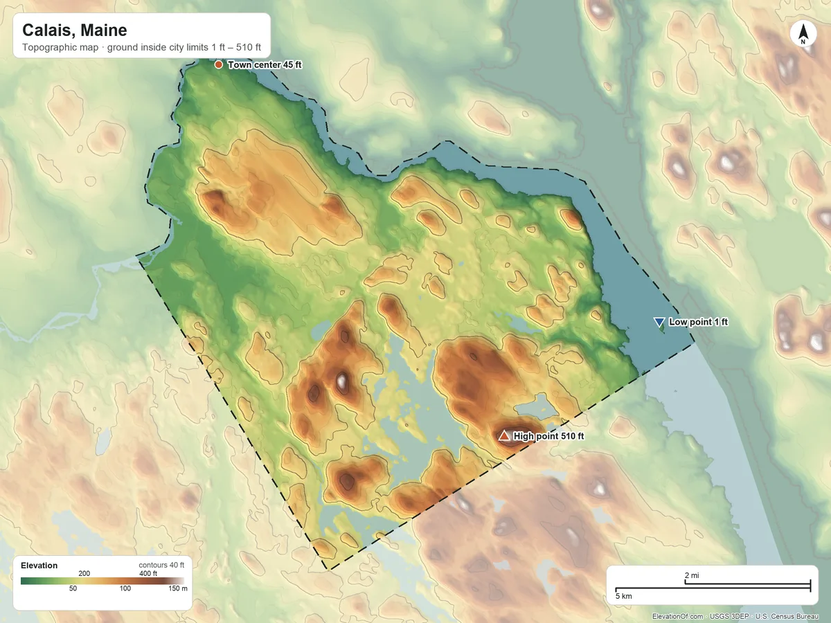 Topographic elevation map of Calais, Maine, shaded from 1 ft on the southeast side to 510 ft on the southeast side