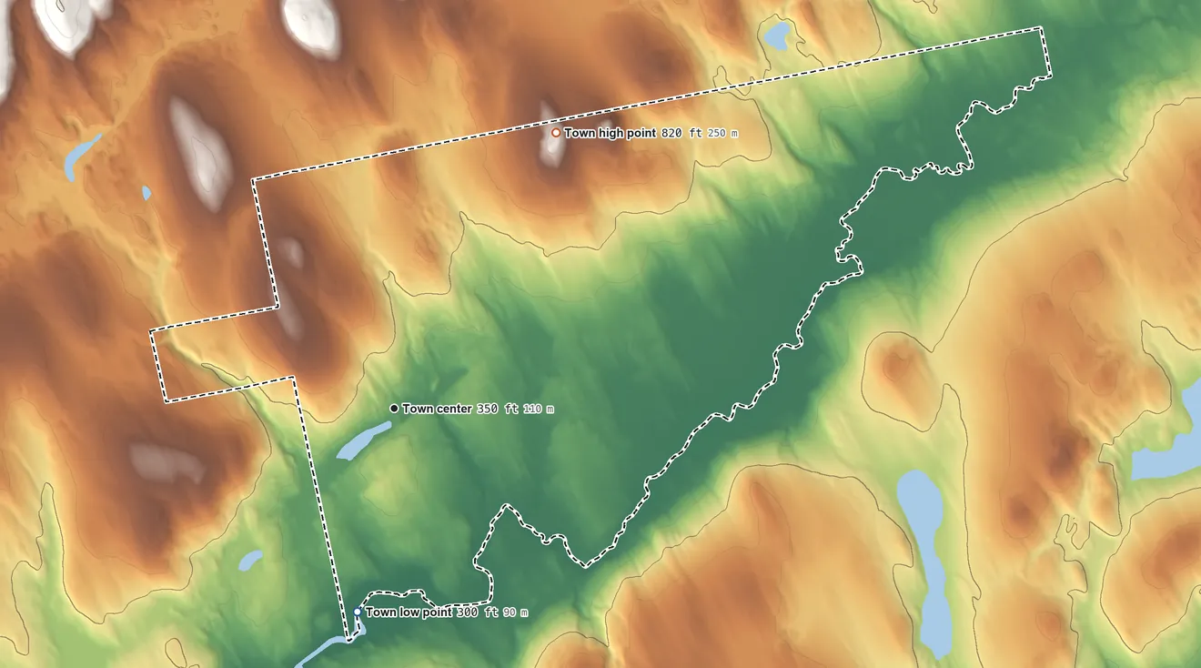 Topographic elevation map of Cambridge, Maine, shaded from 300 ft on the south side to 820 ft on the northeast side