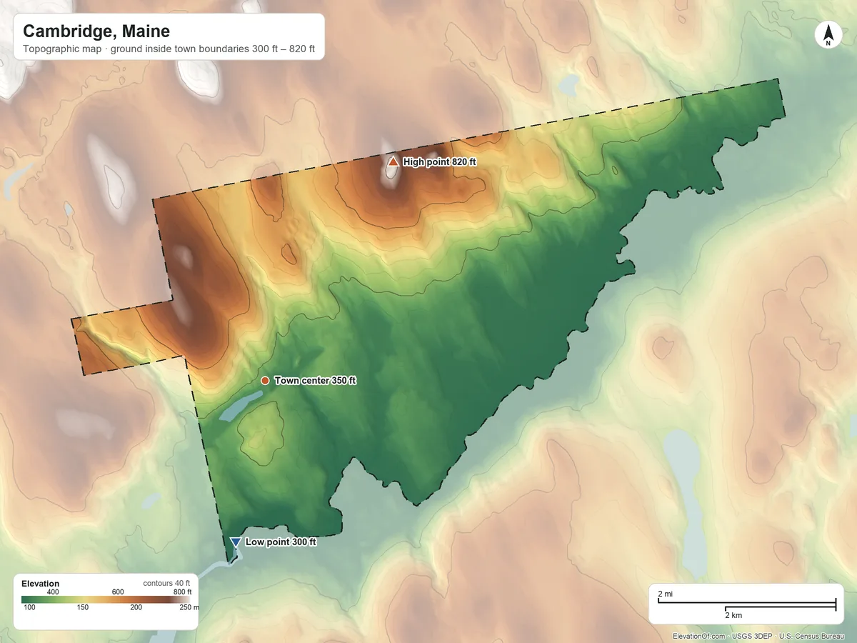 Topographic elevation map of Cambridge, Maine, shaded from 300 ft on the south side to 820 ft on the northeast side
