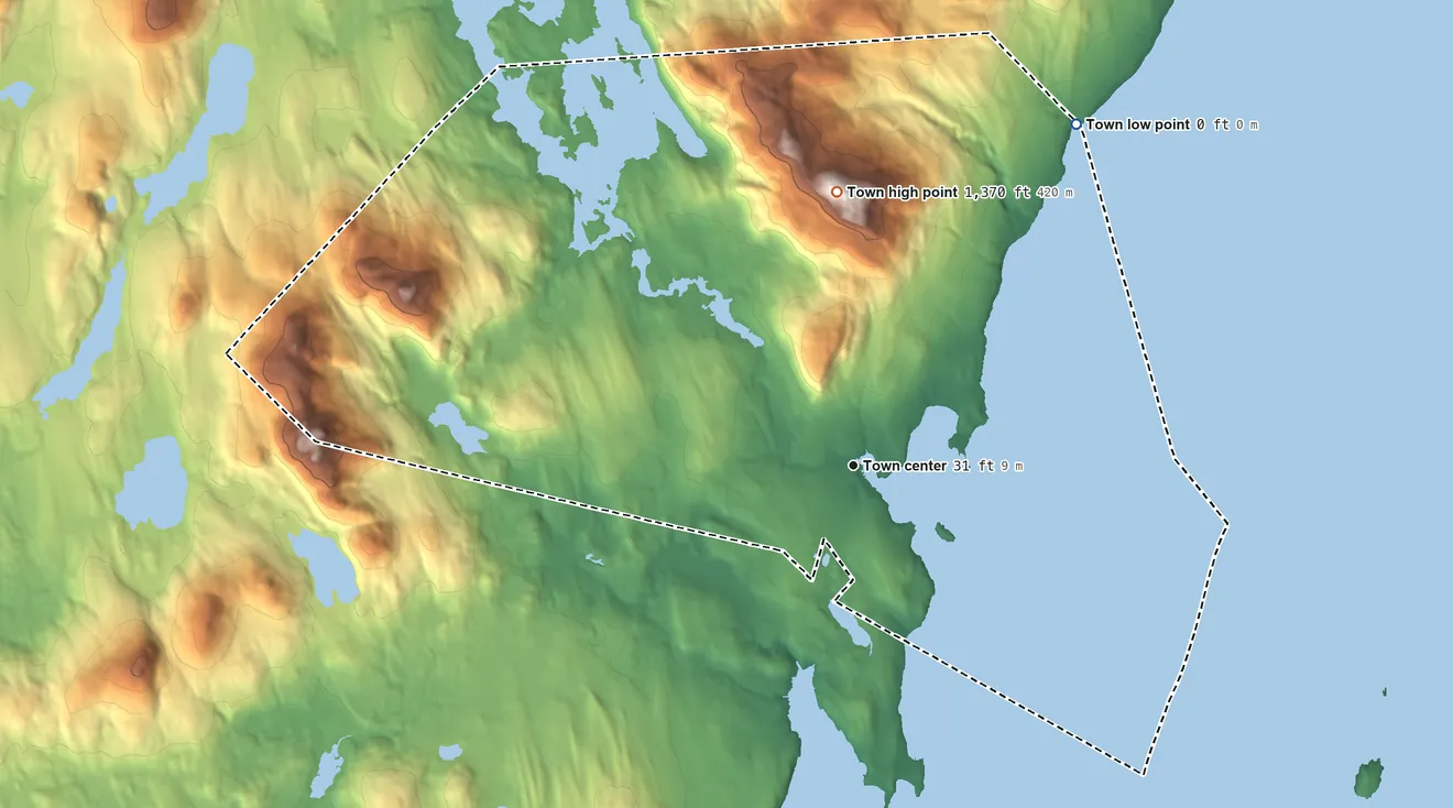 Topographic elevation map of Camden, Maine, shaded from sea level level on West Penobscot Bay to 1,370 ft on Mount Megunticook
