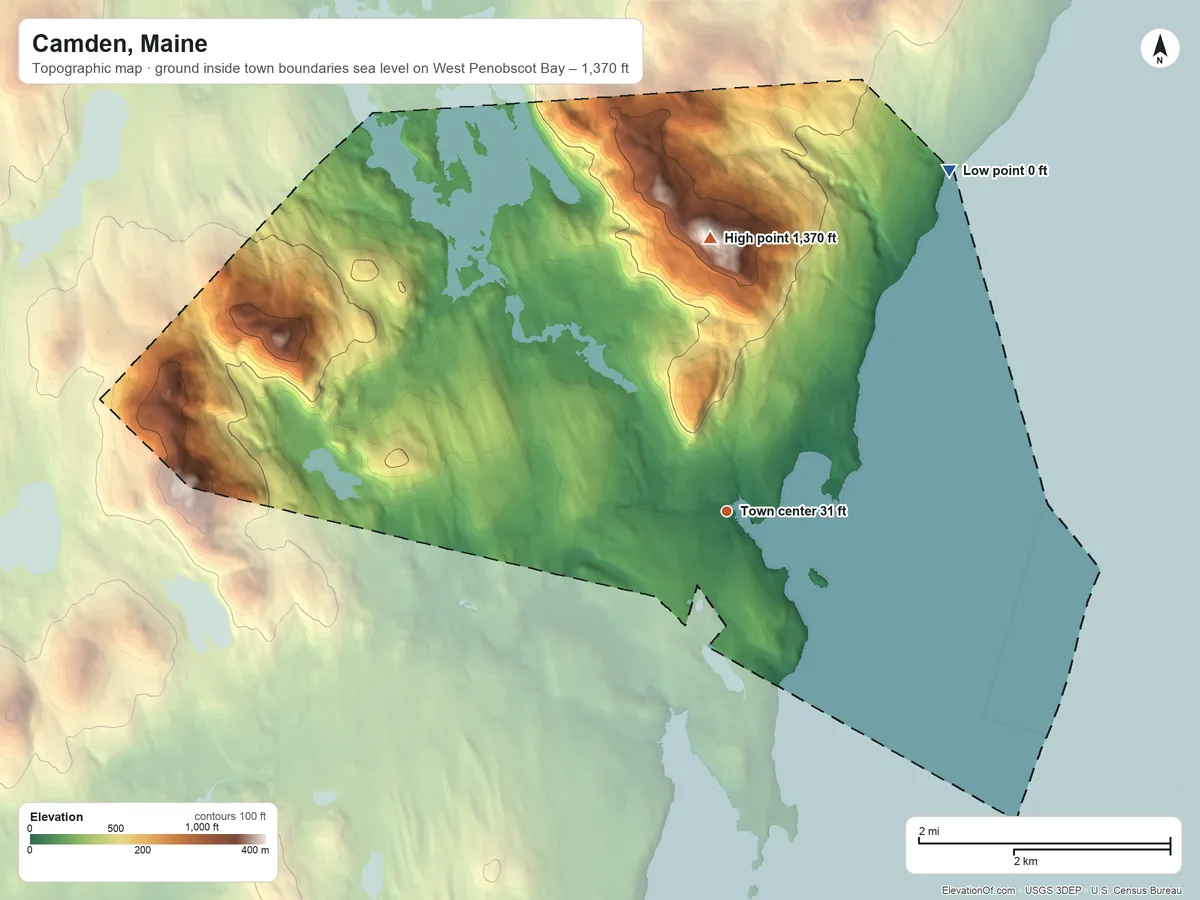 Topographic elevation map of Camden, Maine, shaded from sea level level on West Penobscot Bay to 1,370 ft on Mount Megunticook