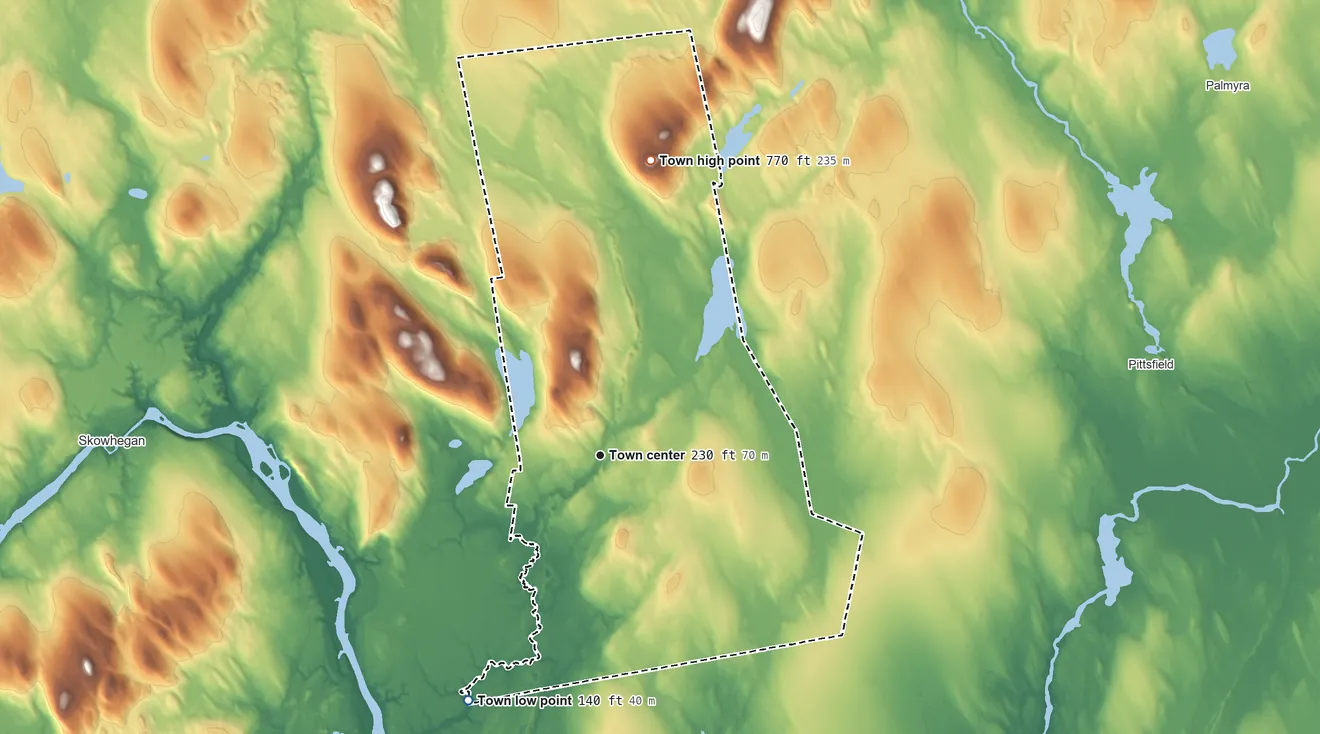 Topographic elevation map of Canaan, Maine, shaded from 140 ft on the southwest side to 770 ft on Chase Hill