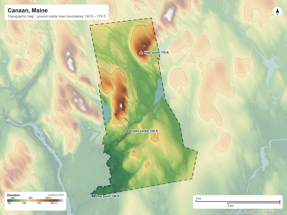 Topographic elevation map of Canaan, Maine, shaded from 140 ft on the southwest side to 770 ft on Chase Hill