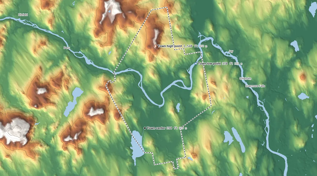 Topographic elevation map of Canton, Maine, shaded from 370 ft on the northeast side to 1,540 ft on Canton Mountain