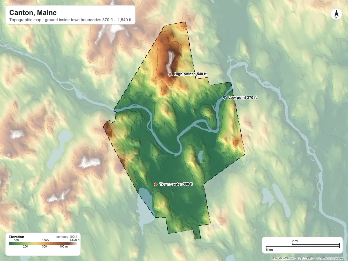 Topographic elevation map of Canton, Maine, shaded from 370 ft on the northeast side to 1,540 ft on Canton Mountain