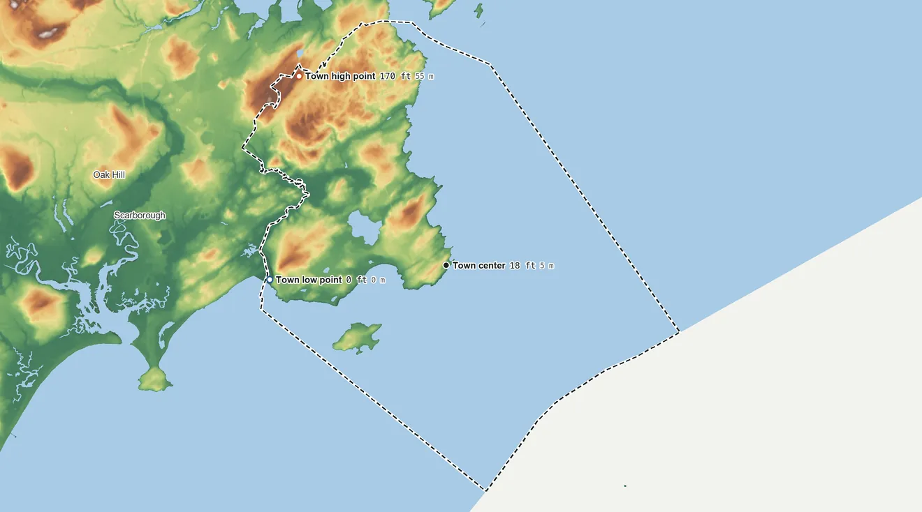 Topographic elevation map of Cape Elizabeth, Maine, shaded from sea level level on the Atlantic Ocean to 170 ft on Barren Hill
