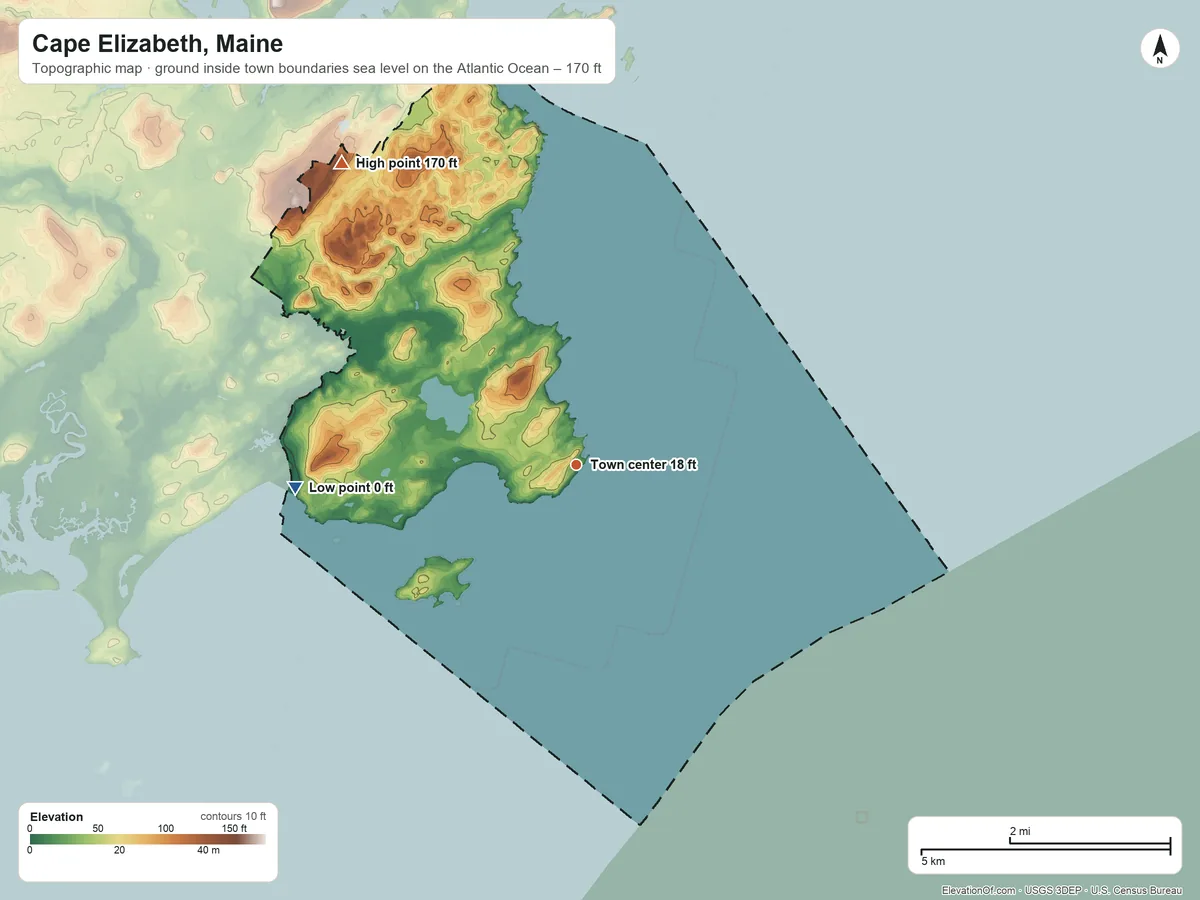 Topographic elevation map of Cape Elizabeth, Maine, shaded from sea level level on the Atlantic Ocean to 170 ft on Barren Hill