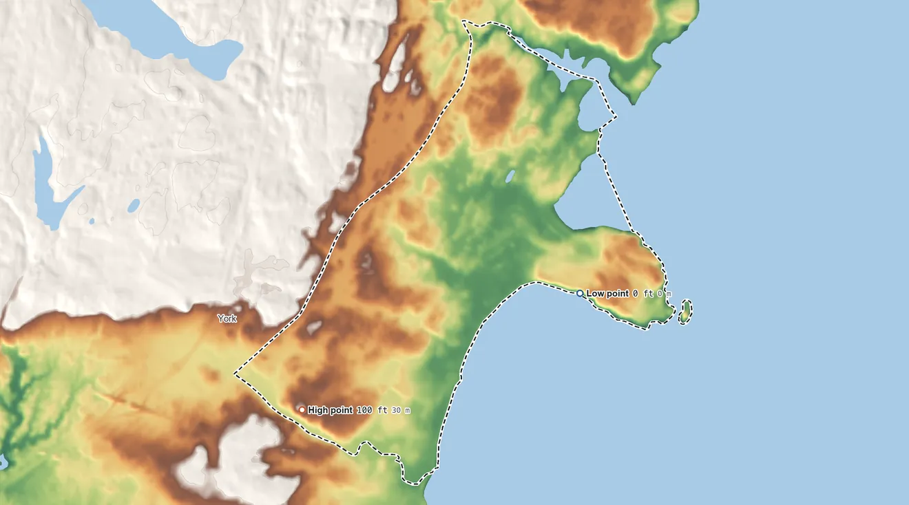 Topographic elevation map of Cape Neddick, Maine, shaded from 0 ft on the east side to 100 ft on the southwest side