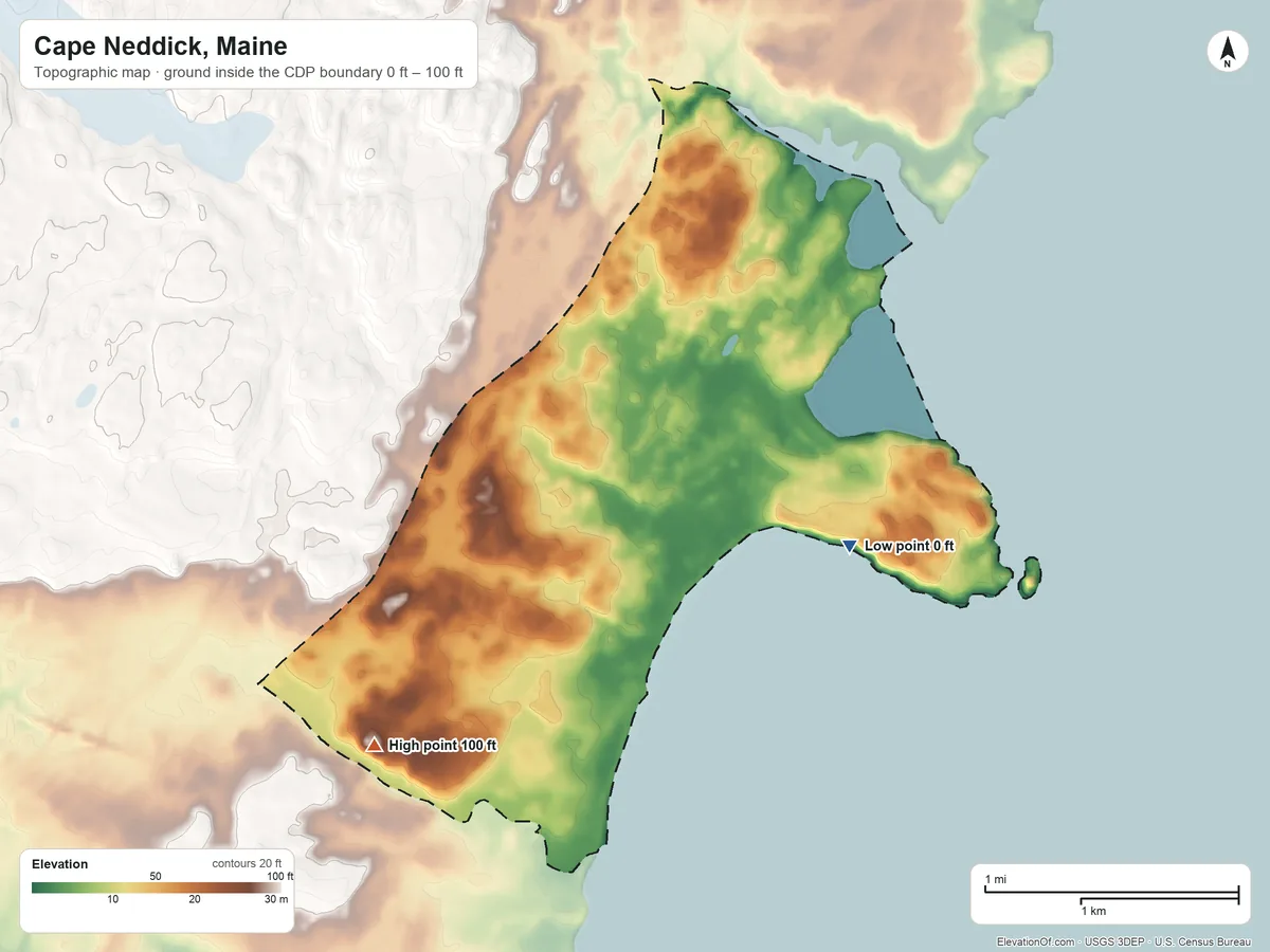 Topographic elevation map of Cape Neddick, Maine, shaded from 0 ft on the east side to 100 ft on the southwest side