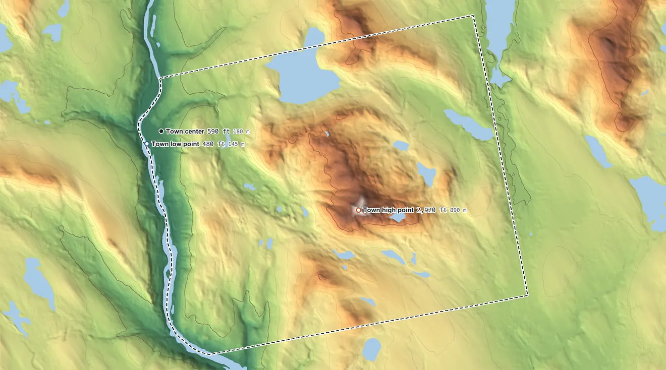 Topographic elevation map of Caratunk, Maine, shaded from 480 ft near the middle to 2,920 ft on Moxie Mountain