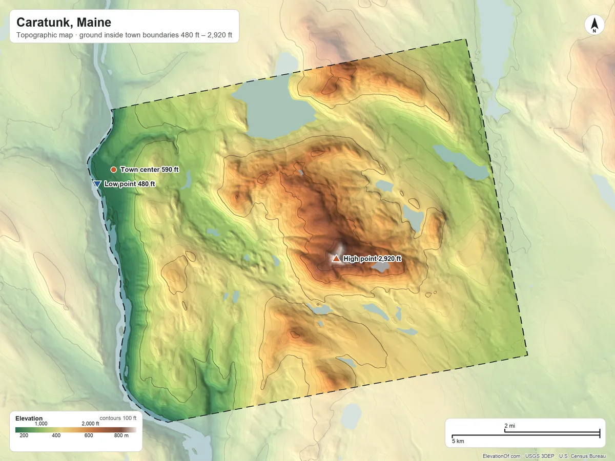 Topographic elevation map of Caratunk, Maine, shaded from 480 ft near the middle to 2,920 ft on Moxie Mountain