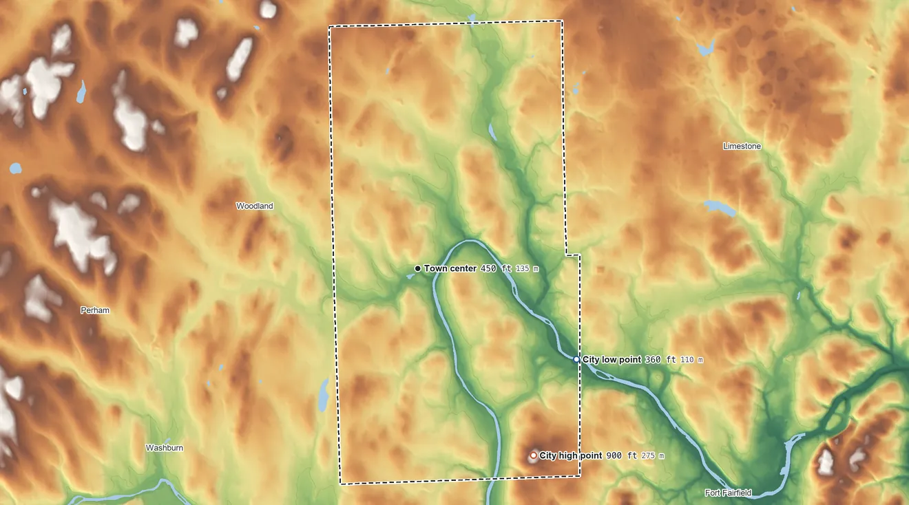 Topographic elevation map of Caribou, Maine, shaded from 360 ft on the southeast side to 905 ft on Old Higgins Hill
