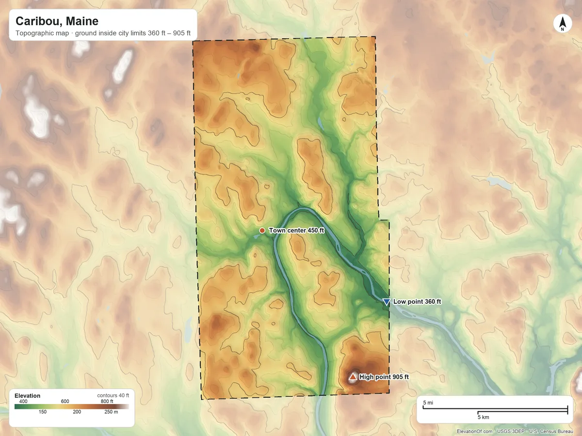 Topographic elevation map of Caribou, Maine, shaded from 360 ft on the southeast side to 905 ft on Old Higgins Hill