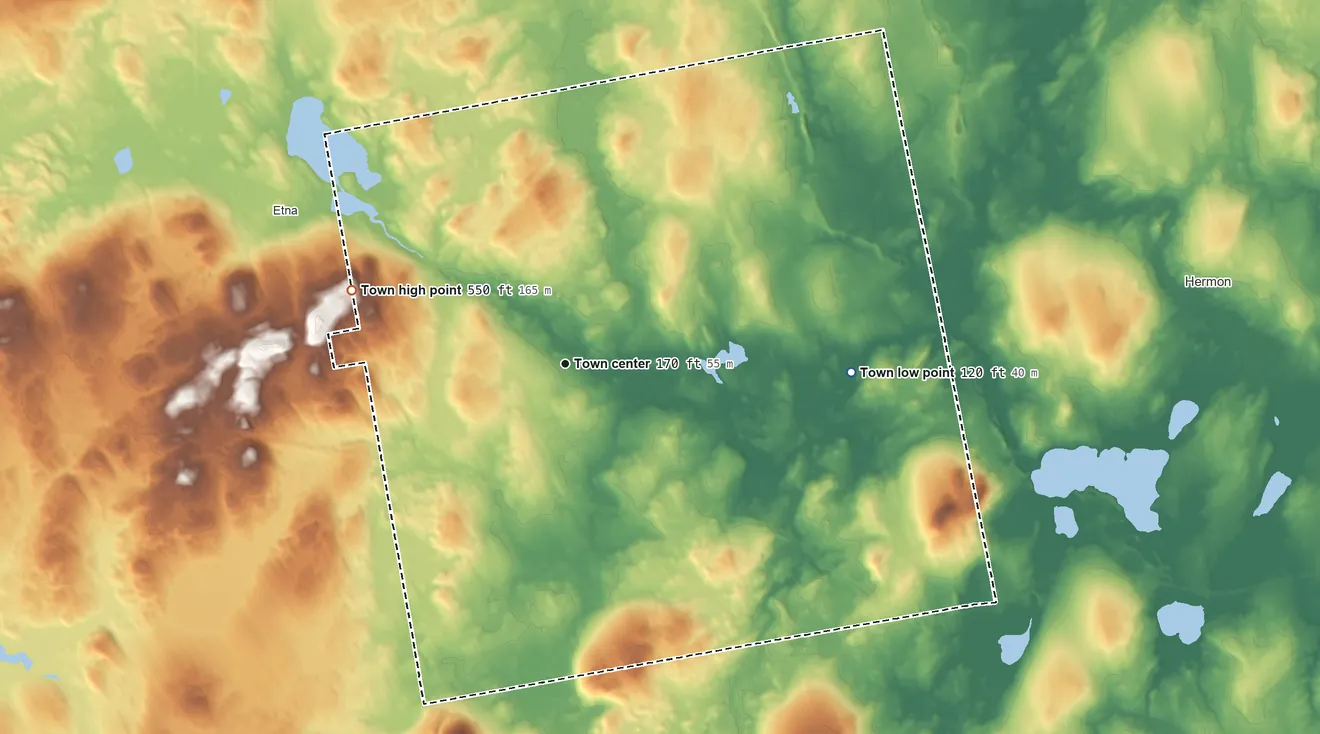 Topographic elevation map of Carmel, Maine, shaded from 120 ft on the east side to 550 ft on the west side
