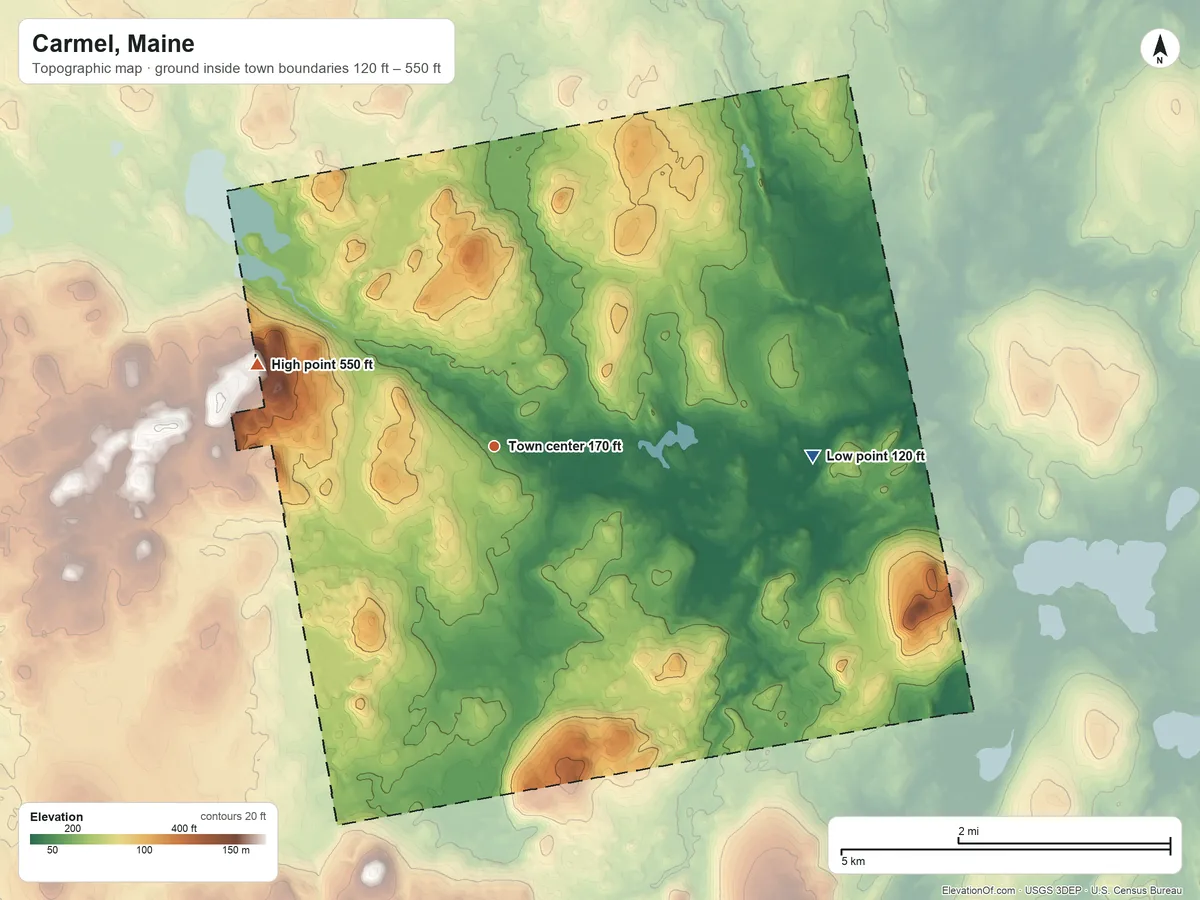 Topographic elevation map of Carmel, Maine, shaded from 120 ft on the east side to 550 ft on the west side