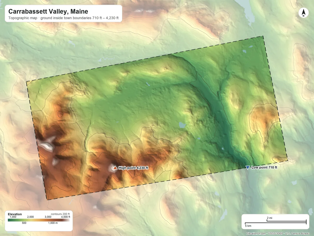 Topographic elevation map of Carrabassett Valley, Maine, shaded from 710 ft on the southeast side to 4,230 ft on Sugarloaf Mountain
