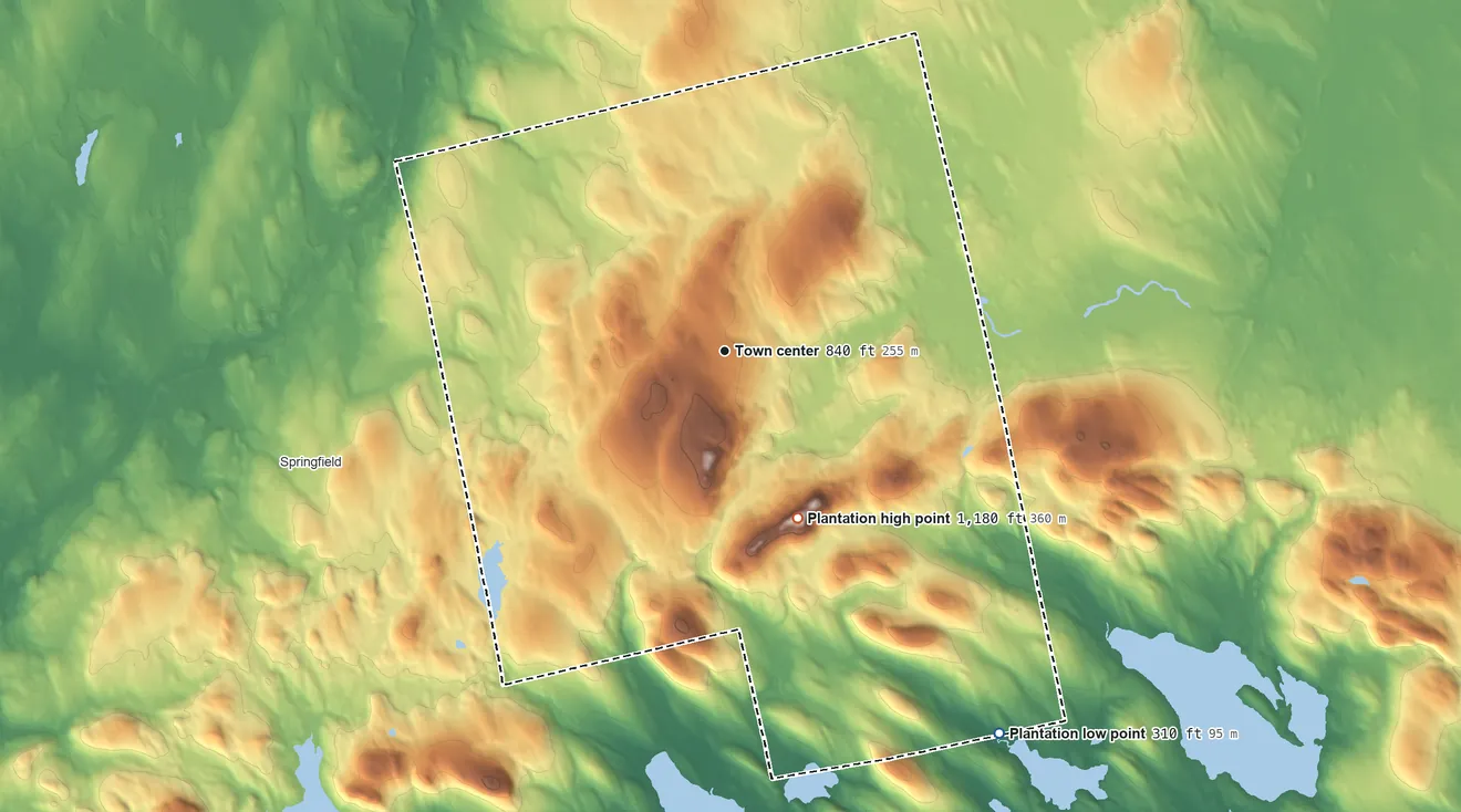 Topographic elevation map of Carroll, Maine, shaded from 310 ft on the southeast side to 1,180 ft on Bowers Mountain