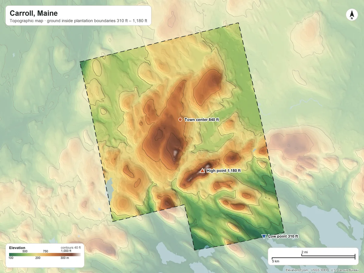 Topographic elevation map of Carroll, Maine, shaded from 310 ft on the southeast side to 1,180 ft on Bowers Mountain