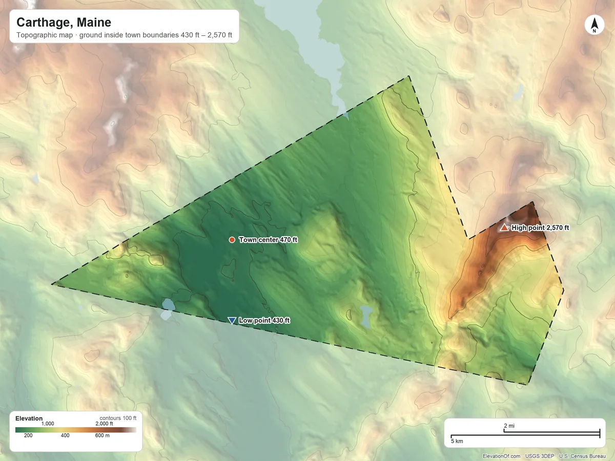 Topographic elevation map of Carthage, Maine, shaded from 430 ft on the south side to 2,570 ft on Saddleback Mountain