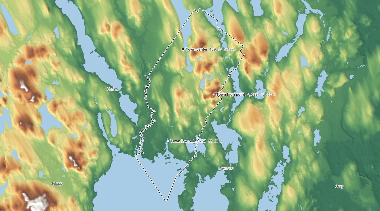Topographic elevation map of Casco, Maine, shaded from 260 ft on the south side to 1,030 ft on Rattlesnake Mountain