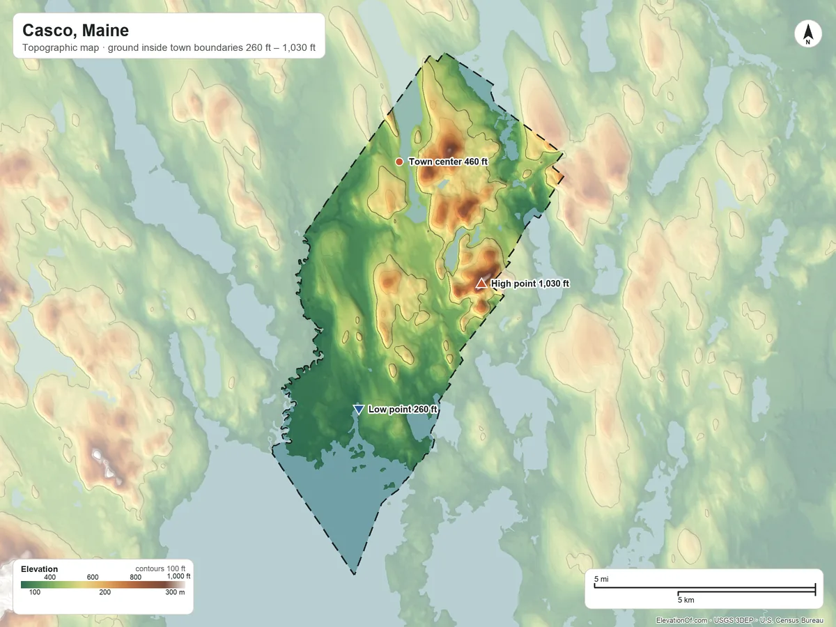 Topographic elevation map of Casco, Maine, shaded from 260 ft on the south side to 1,030 ft on Rattlesnake Mountain