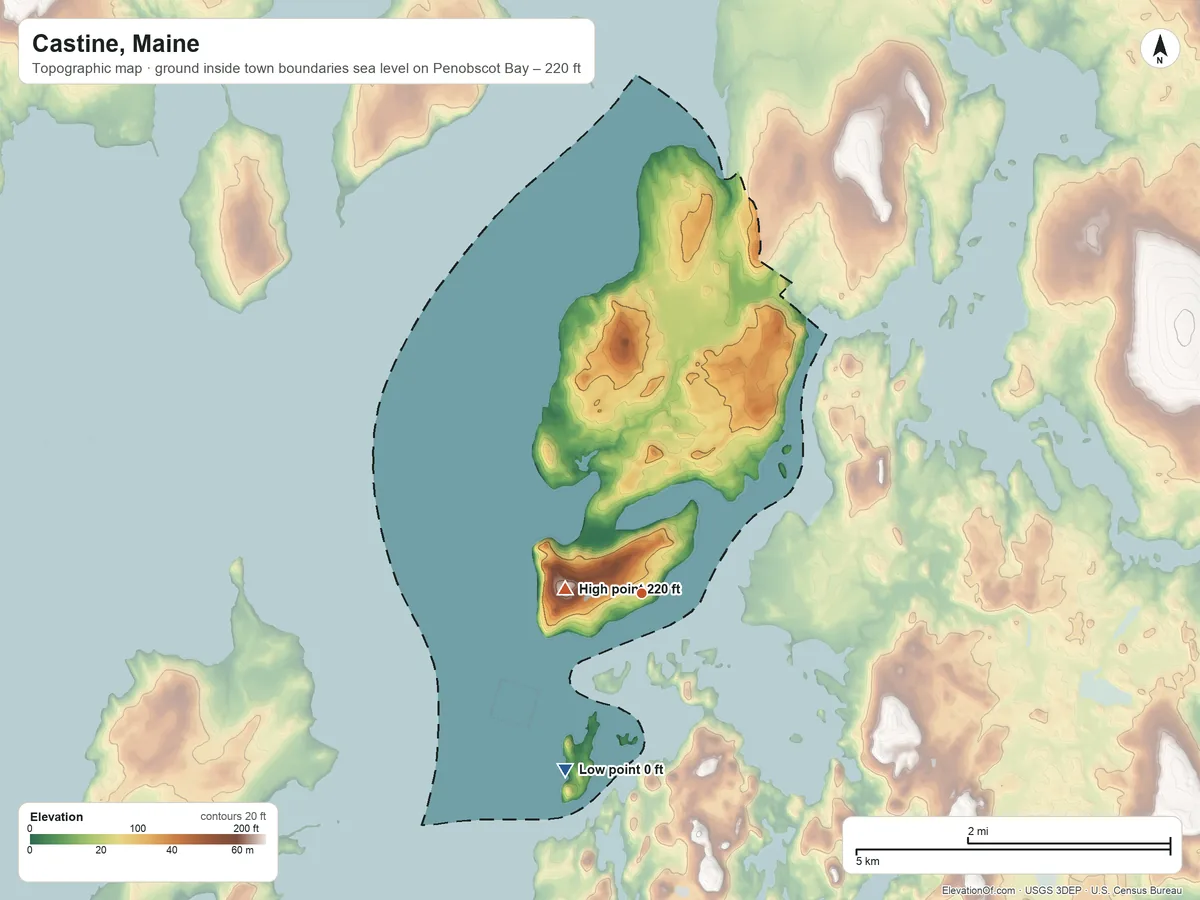Topographic elevation map of Castine, Maine, shaded from sea level level on Penobscot Bay to 220 ft near the middle
