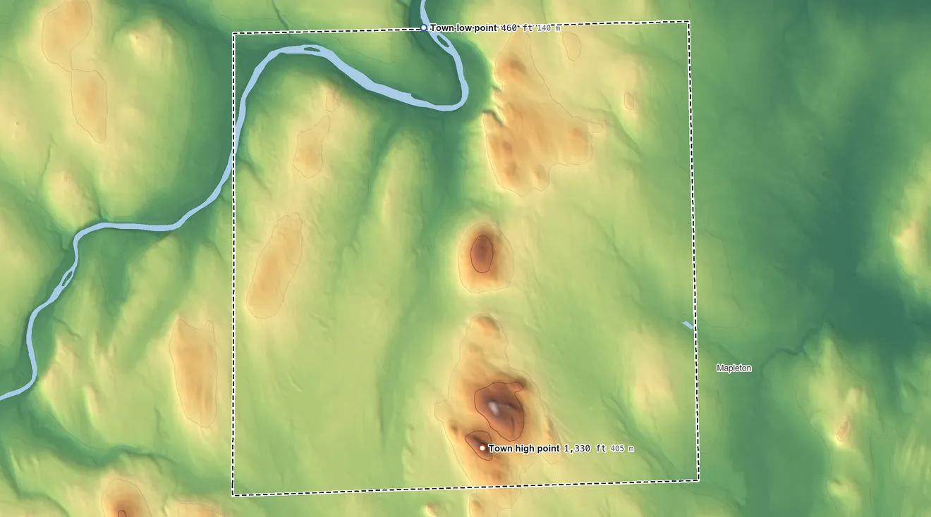 Topographic elevation map of Castle Hill, Maine, shaded from 460 ft on the north side to 1,330 ft on Haystack Mountain