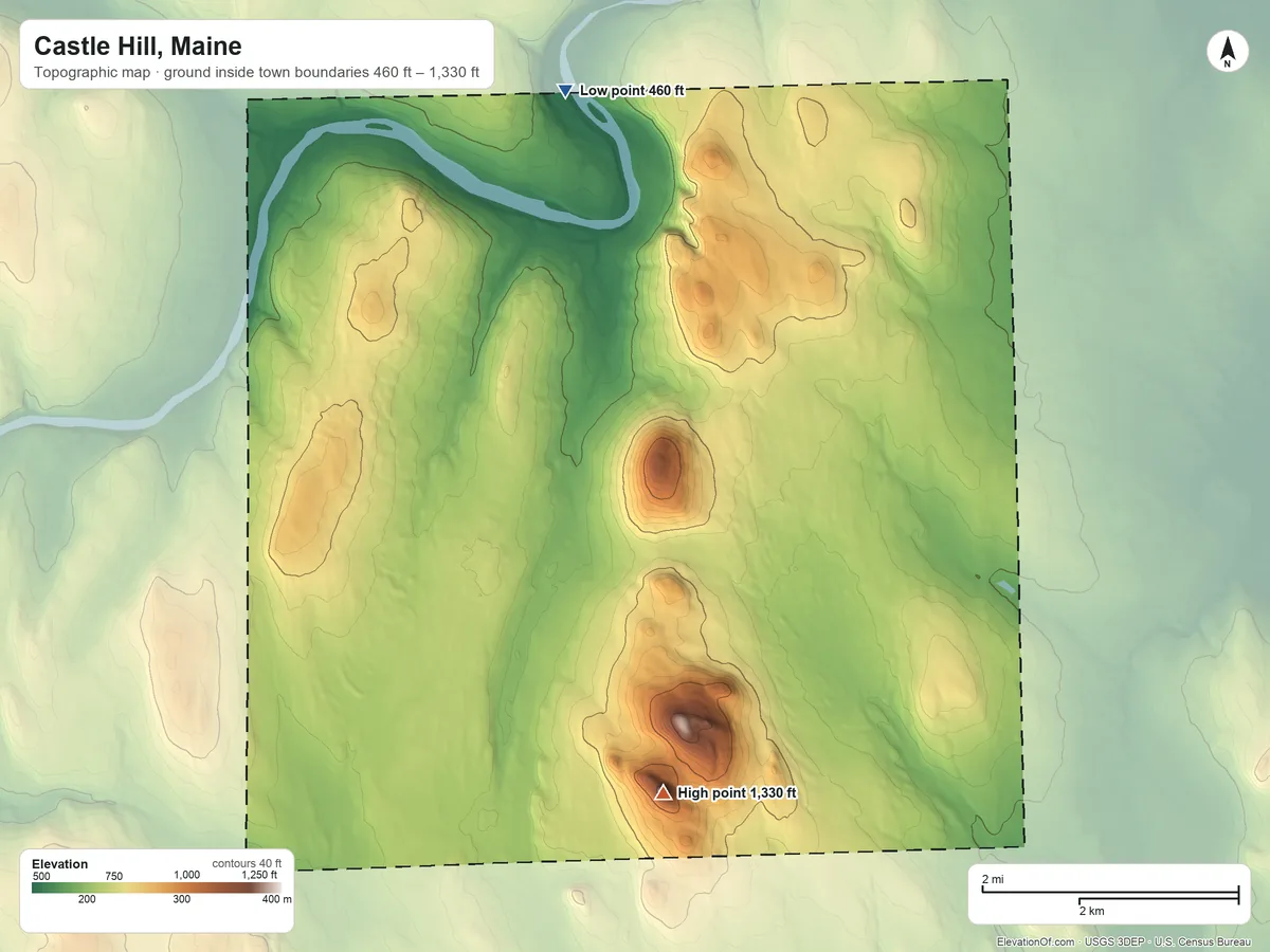 Topographic elevation map of Castle Hill, Maine, shaded from 460 ft on the north side to 1,330 ft on Haystack Mountain