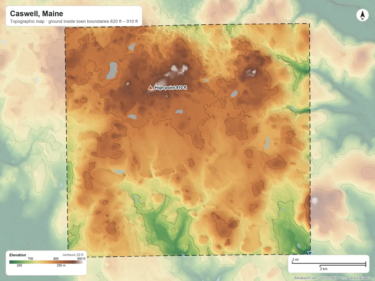 Topographic elevation map of Caswell, Maine, shaded from 620 ft on the southeast side to 910 ft on the northwest side