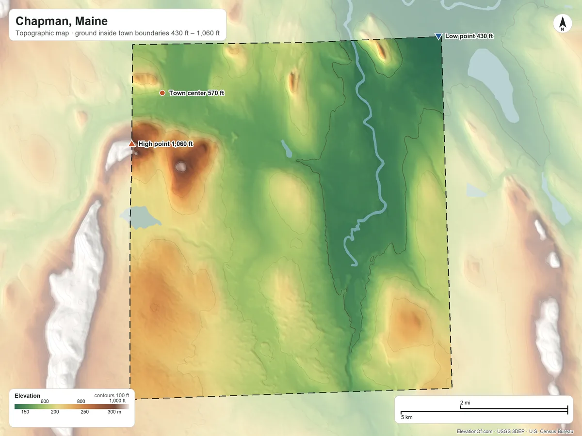 Topographic elevation map of Chapman, Maine, shaded from 430 ft on the east side to 1,060 ft on the southwest edge, below higher ground just outside
