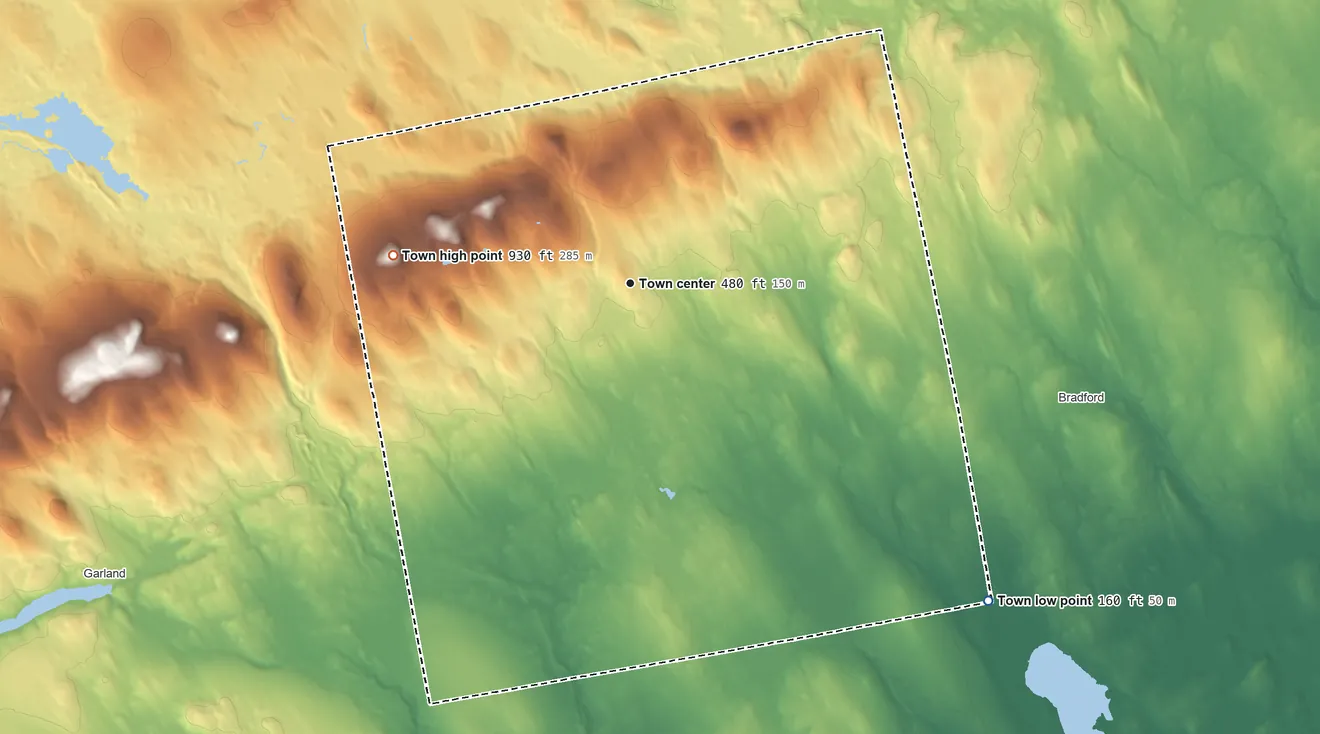 Topographic elevation map of Charleston, Maine, shaded from 160 ft on the southeast side to 930 ft on the west side