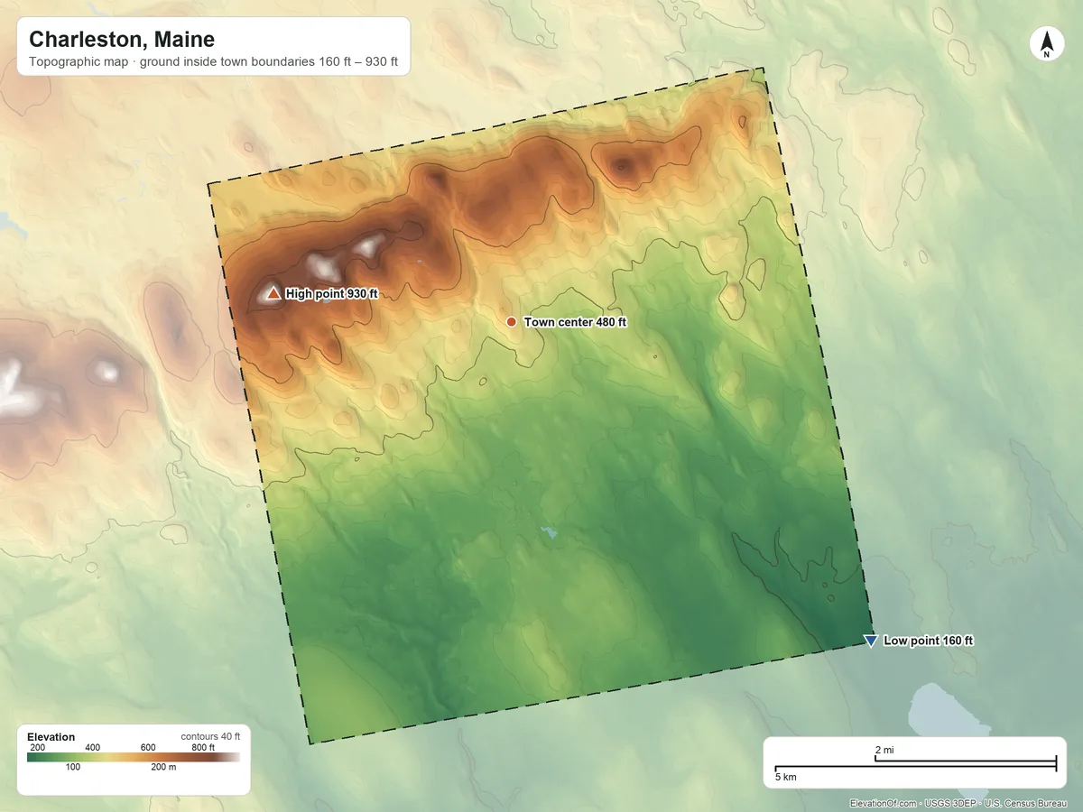Topographic elevation map of Charleston, Maine, shaded from 160 ft on the southeast side to 930 ft on the west side