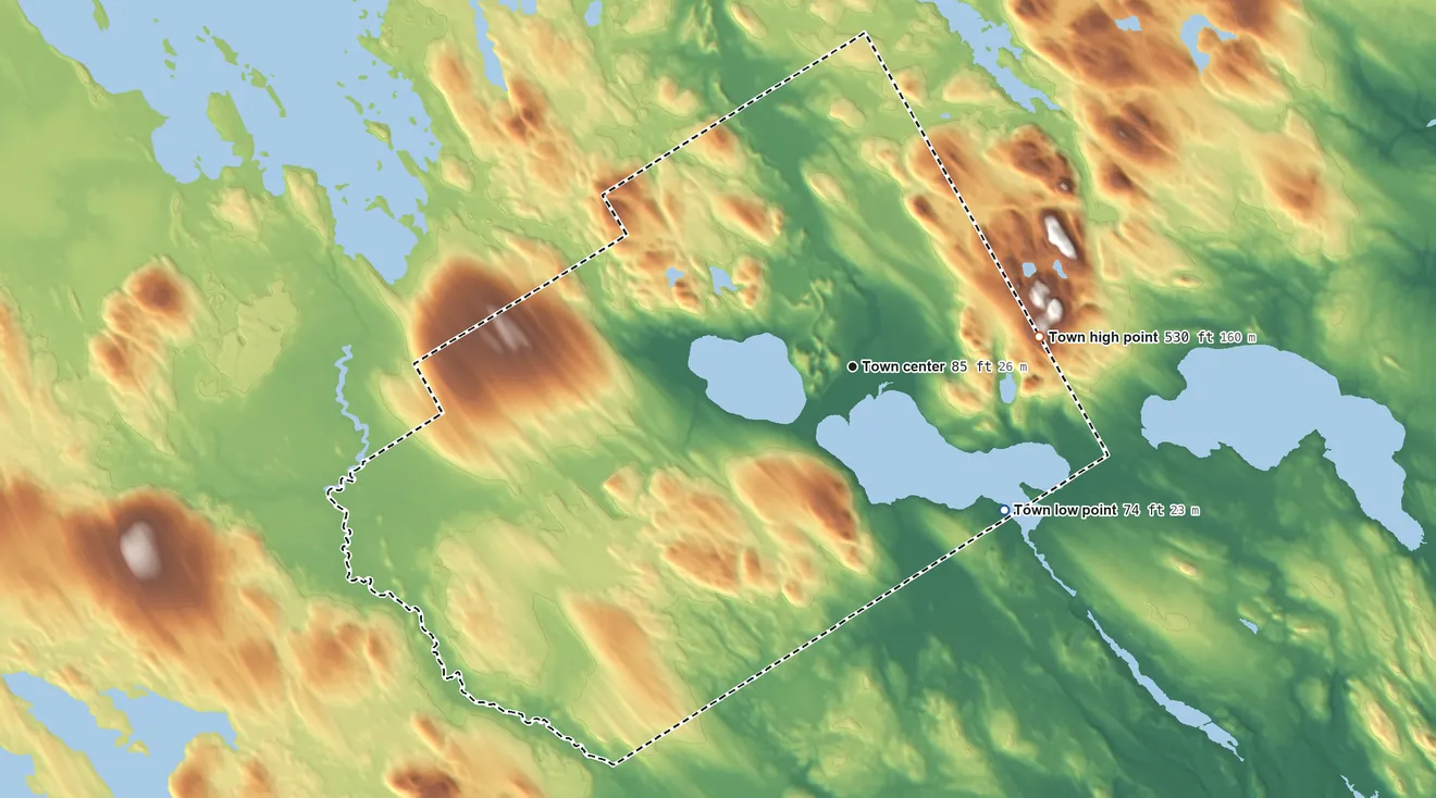 Topographic elevation map of Charlotte, Maine, shaded from 74 ft on the southeast side to 530 ft on the east side