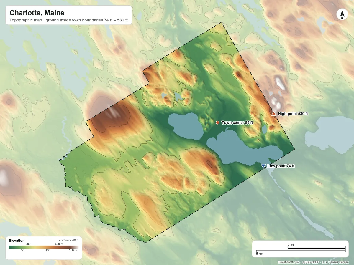 Topographic elevation map of Charlotte, Maine, shaded from 74 ft on the southeast side to 530 ft on the east side