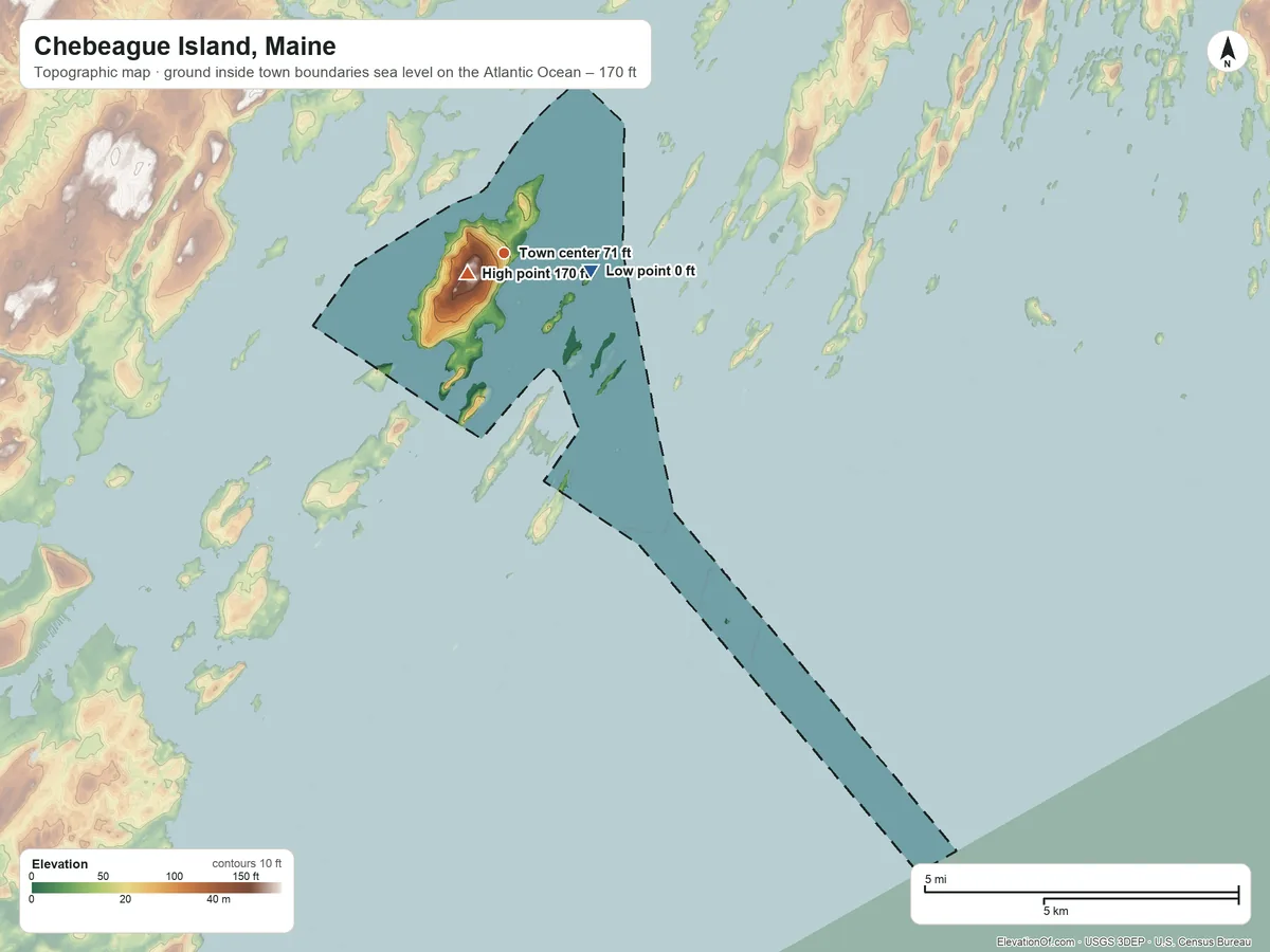 Topographic elevation map of Chebeague Island, Maine, shaded from sea level level on the Atlantic Ocean to 170 ft near the middle