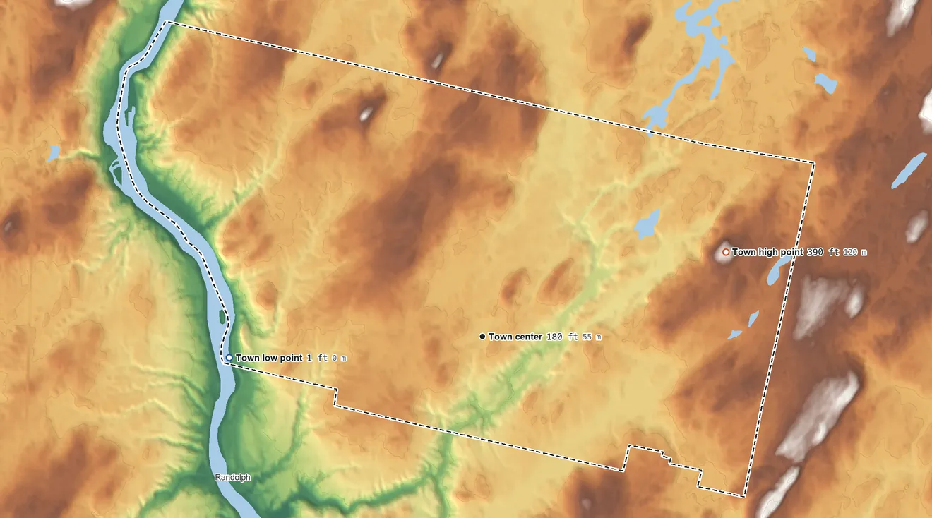 Topographic elevation map of Chelsea, Maine, shaded from 1 ft on the west side to 390 ft on the east side