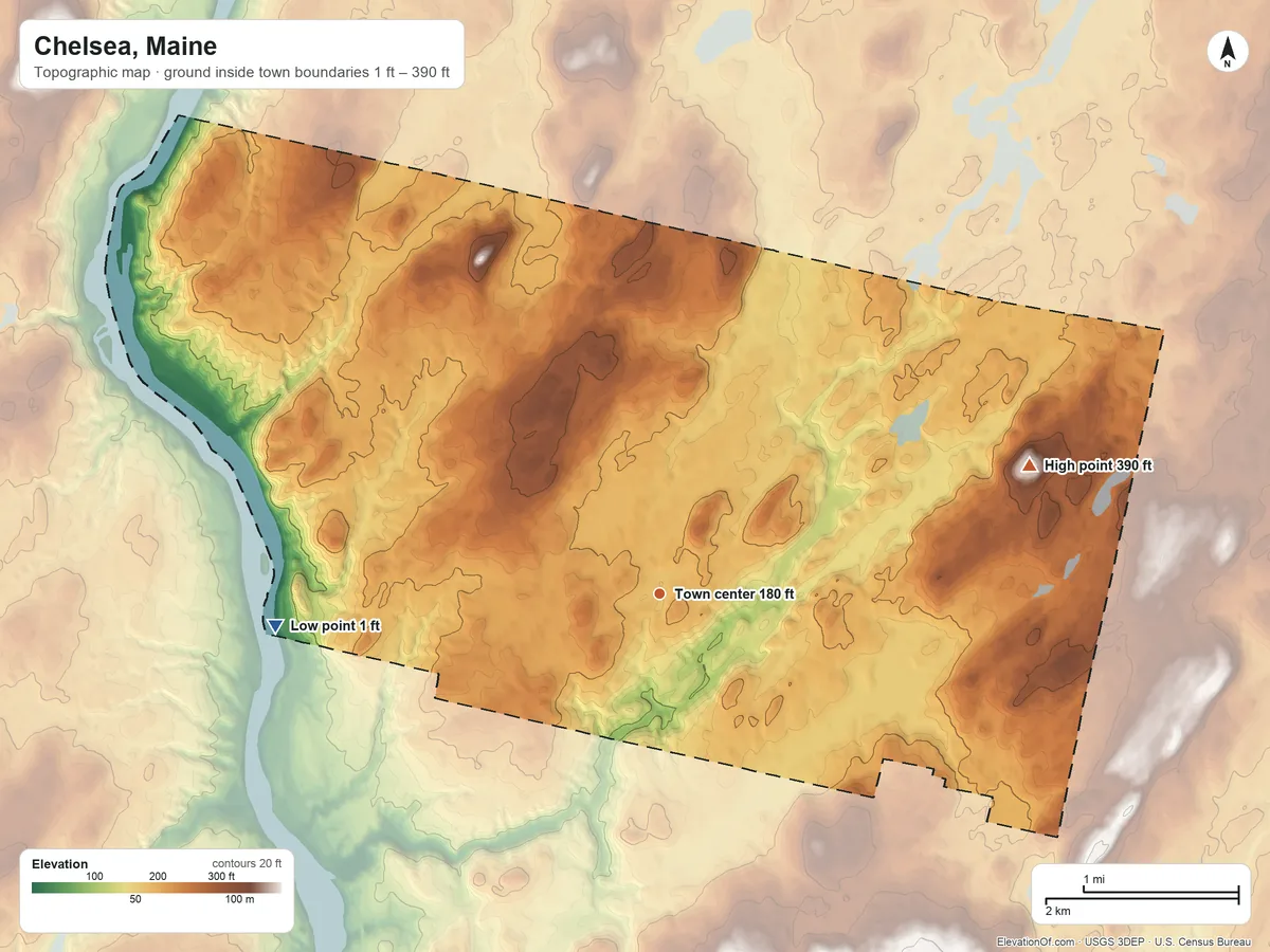 Topographic elevation map of Chelsea, Maine, shaded from 1 ft on the west side to 390 ft on the east side
