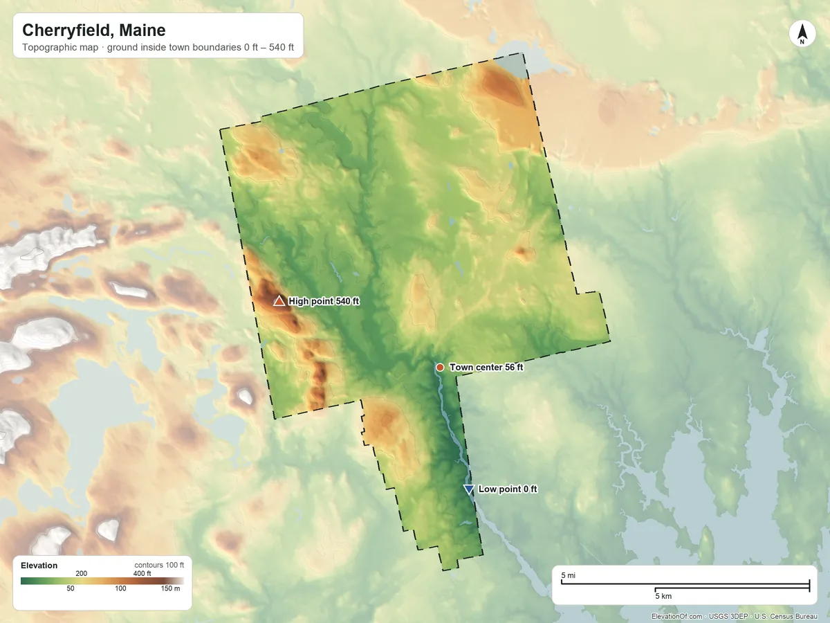 Topographic elevation map of Cherryfield, Maine, shaded from 0 ft on the south side to 540 ft on the west side