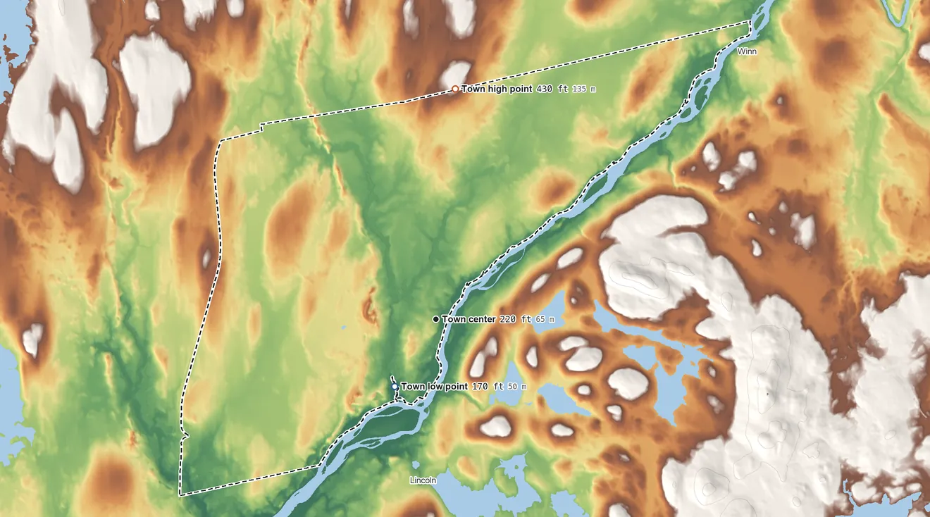 Topographic elevation map of Chester, Maine, shaded from 170 ft on the southwest side to 430 ft on the north side