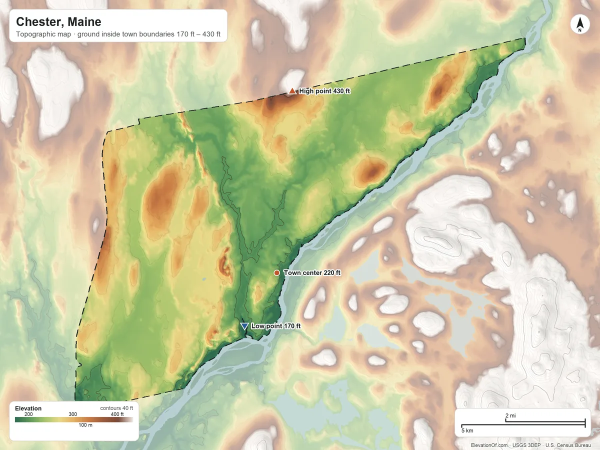 Topographic elevation map of Chester, Maine, shaded from 170 ft on the southwest side to 430 ft on the north side