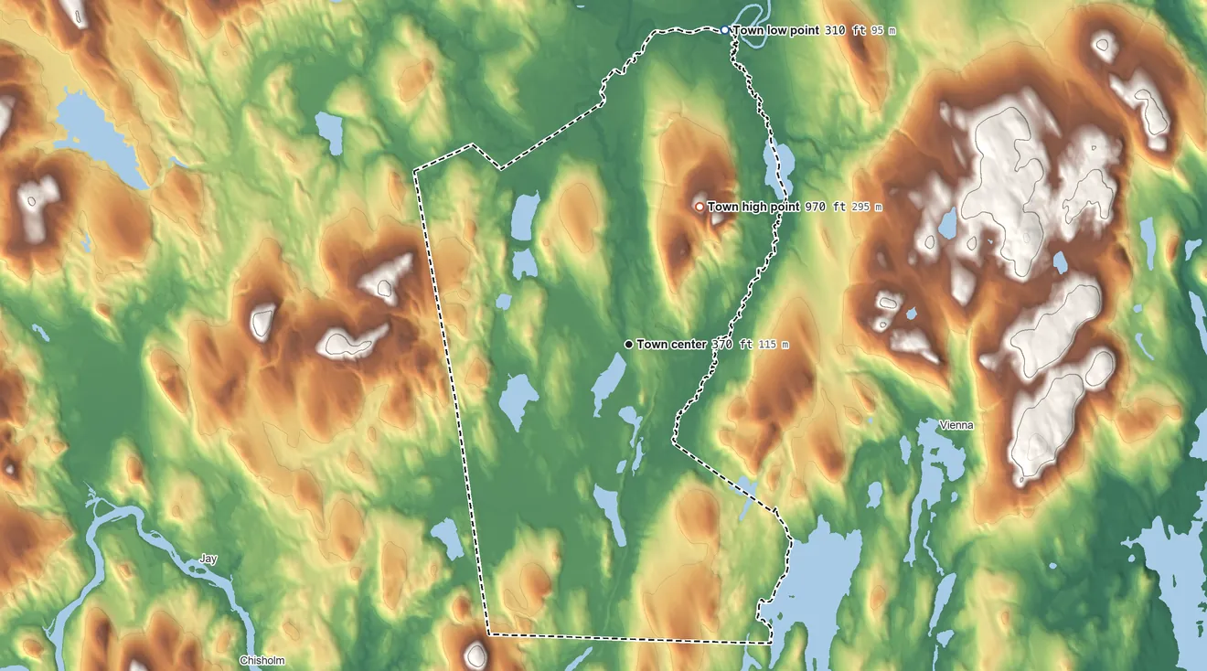 Topographic elevation map of Chesterville, Maine, shaded from 310 ft on the north side to 970 ft on Old Bluff Hill