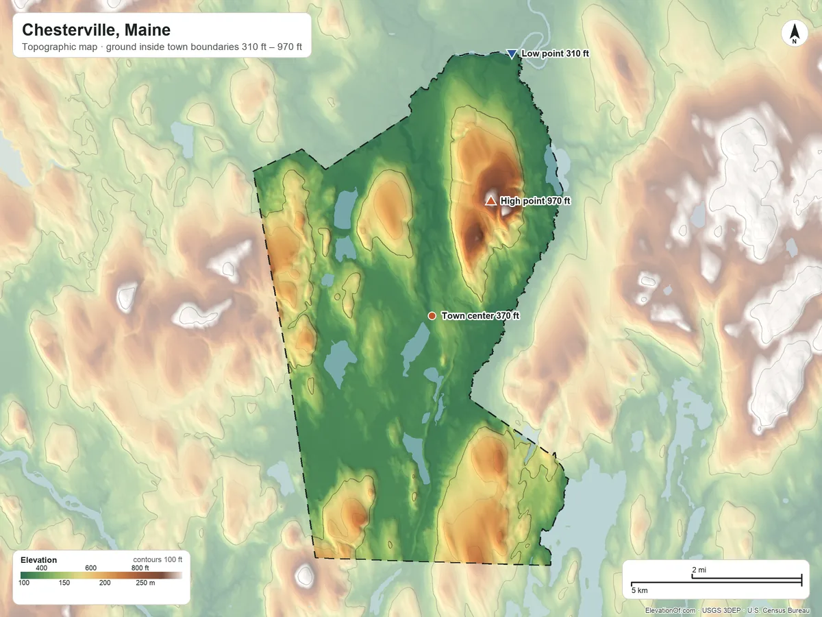Topographic elevation map of Chesterville, Maine, shaded from 310 ft on the north side to 970 ft on Old Bluff Hill